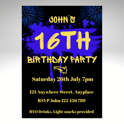 7x5 Birthday Party Invitation Personalised -16th