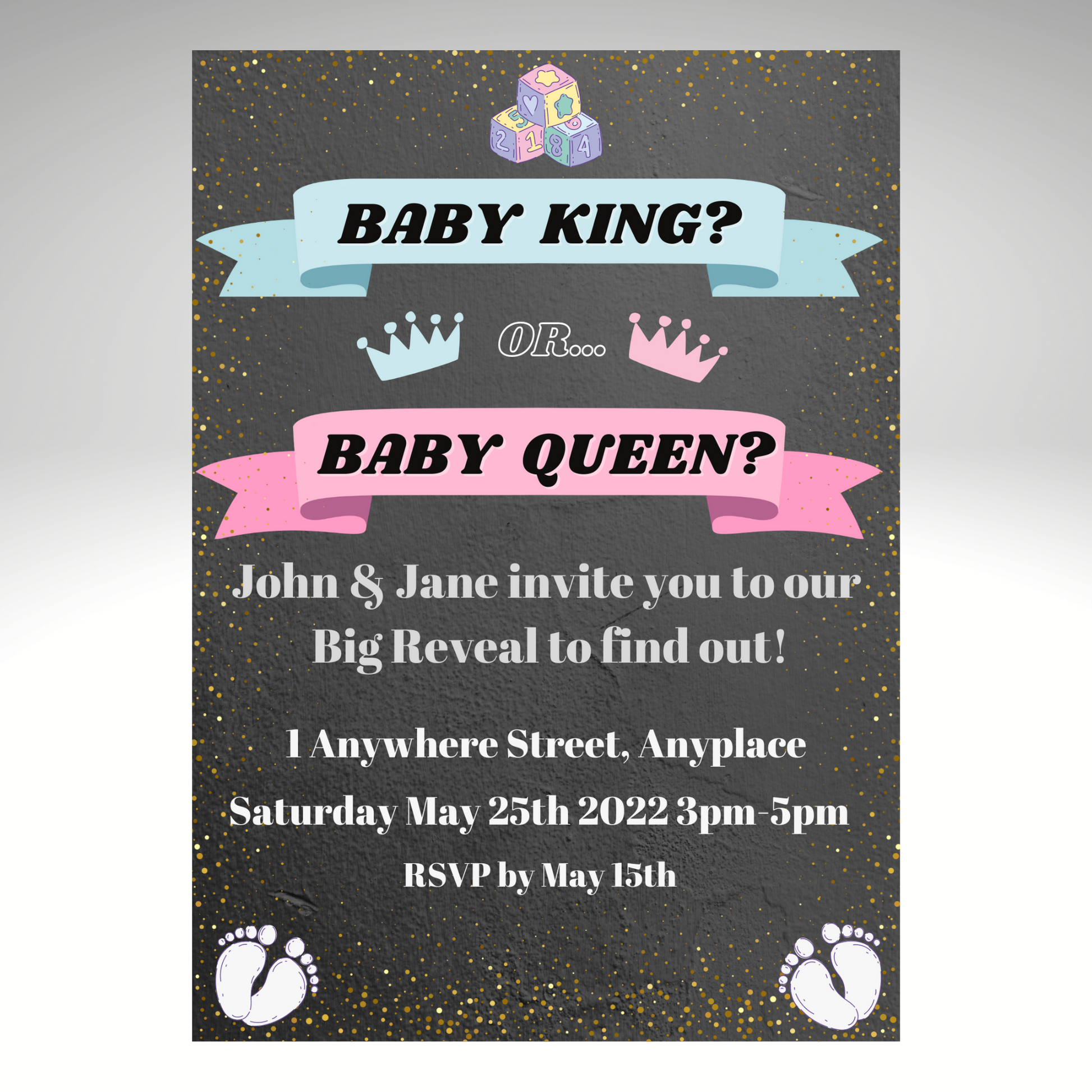 Gender Reveal Invitation Customisable - Baby King or Baby Queen? 7x5