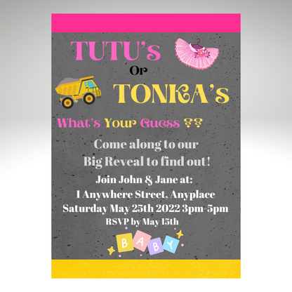 Gender Reveal Invitation Customisable - Tutu's or Tonka's? 7x5