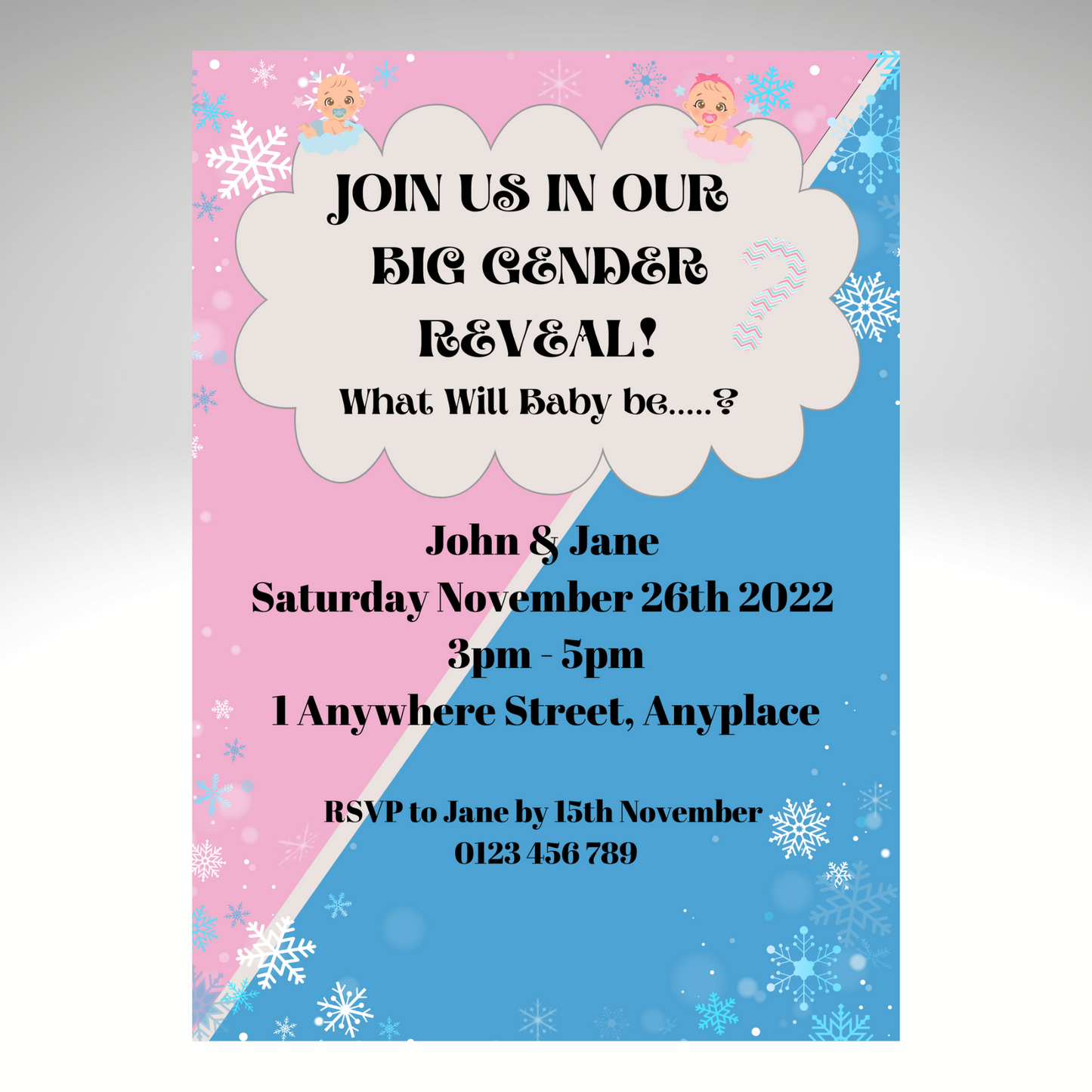 Gender Reveal Invitation Customisable - What Will Baby Be? 7x5