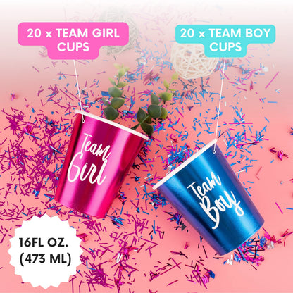 20 x metallic pink team girl cups and 20 x metallic blue team boy cups
