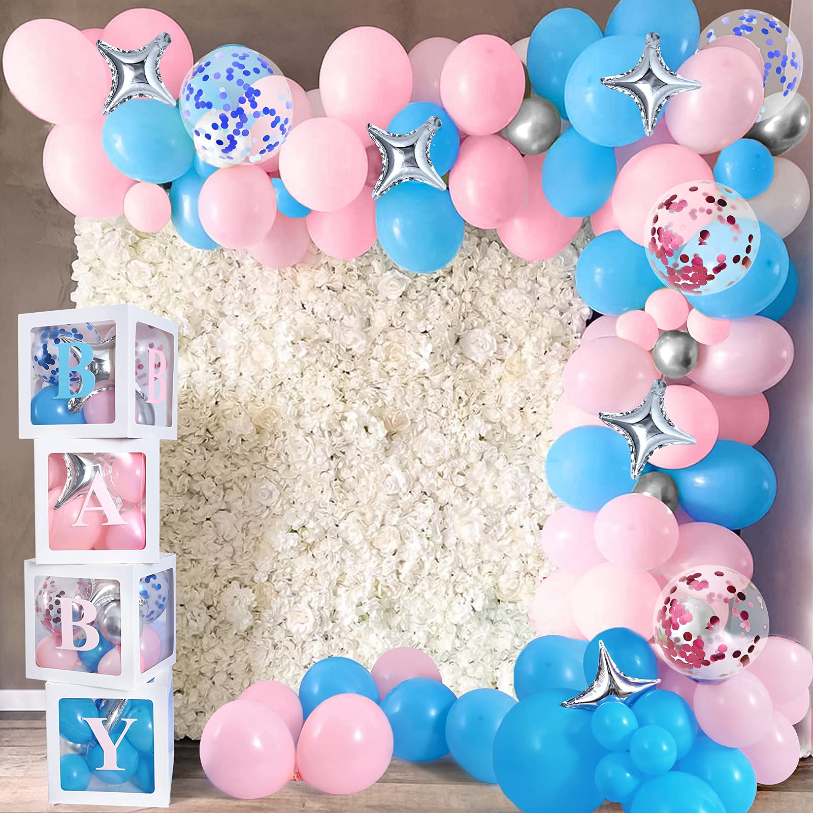 Balloon arrangement with baby box cubes