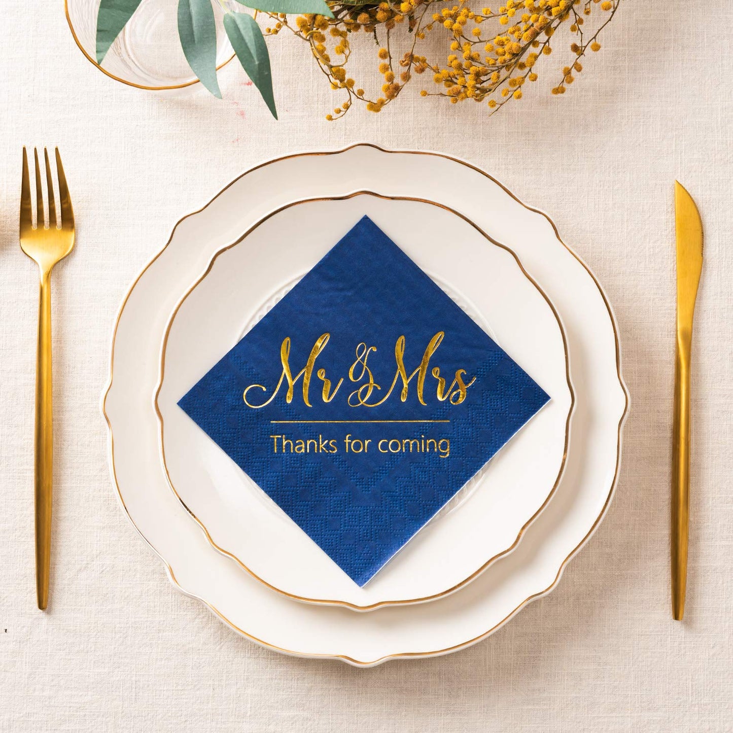 Mr & Mrs Wedding Napkins  Blue Gold 100 Pcs