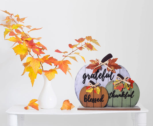 Fall Decorations Blessed Grateful Thankful Wooden Pumpkin Tabletop Signs 