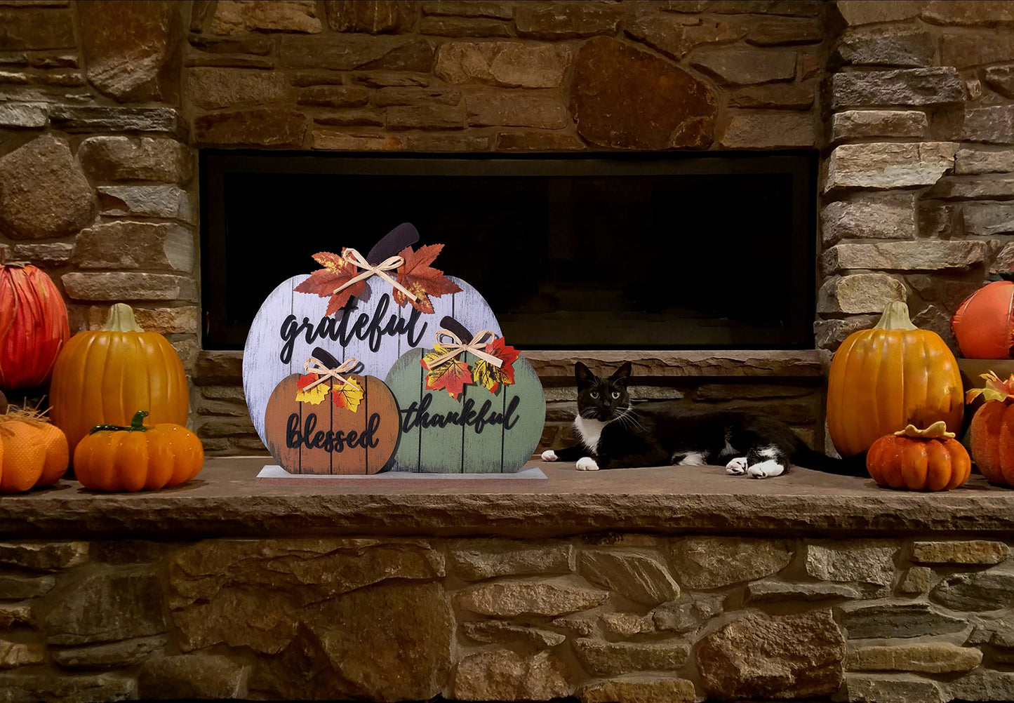 Thanksgiving mantle piece wooden pumpkin decoration