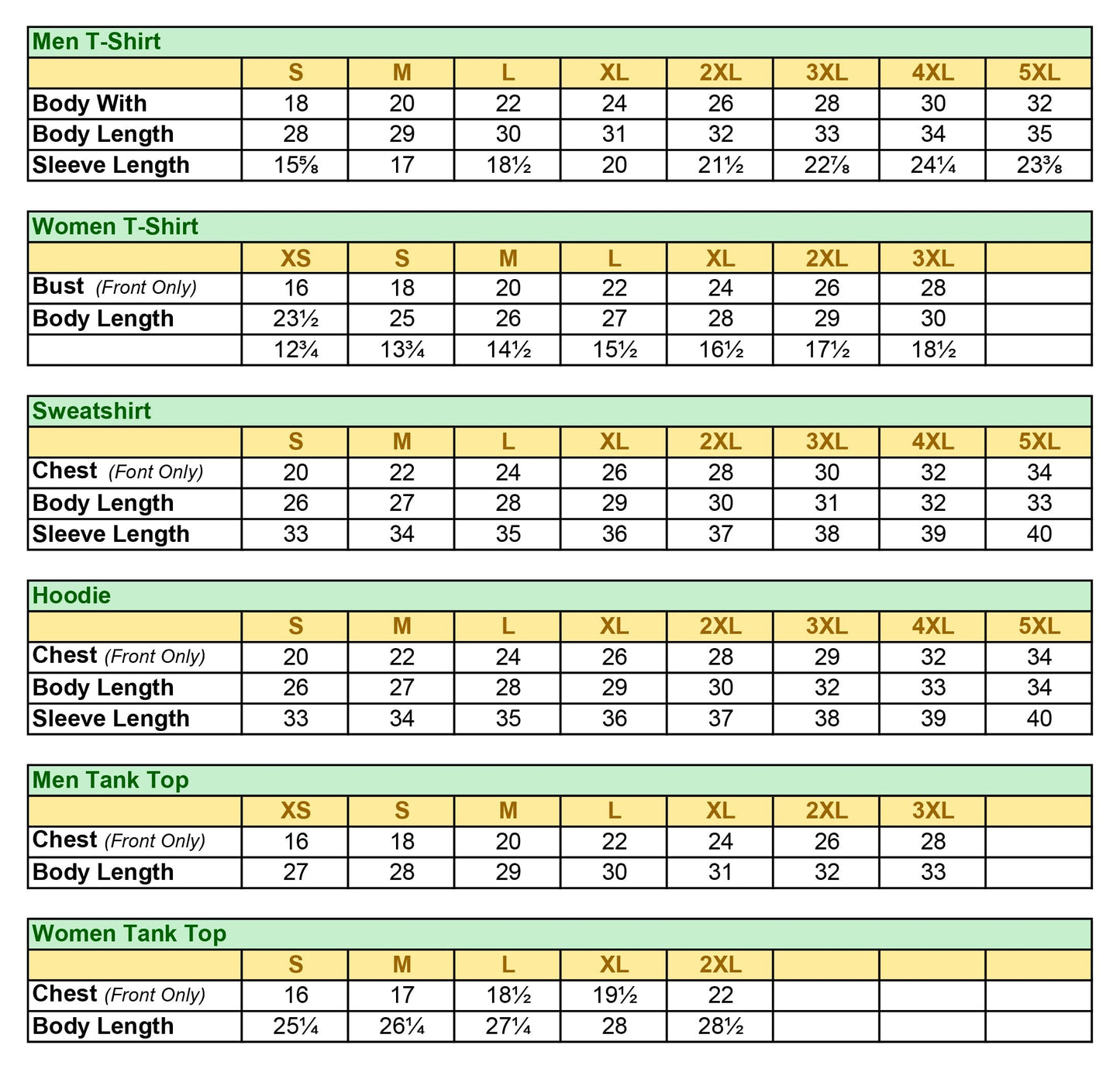 t-shirt size chart