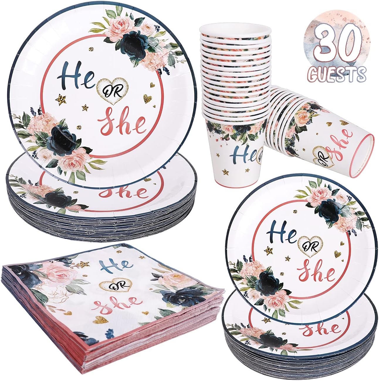 He or She plates, cups and napkins