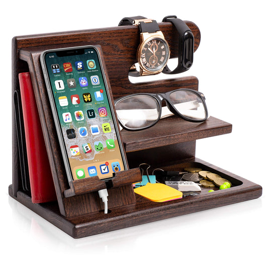 Wood Phone Docking Station-Key Holder-Wallet Stand-Watch Organizer