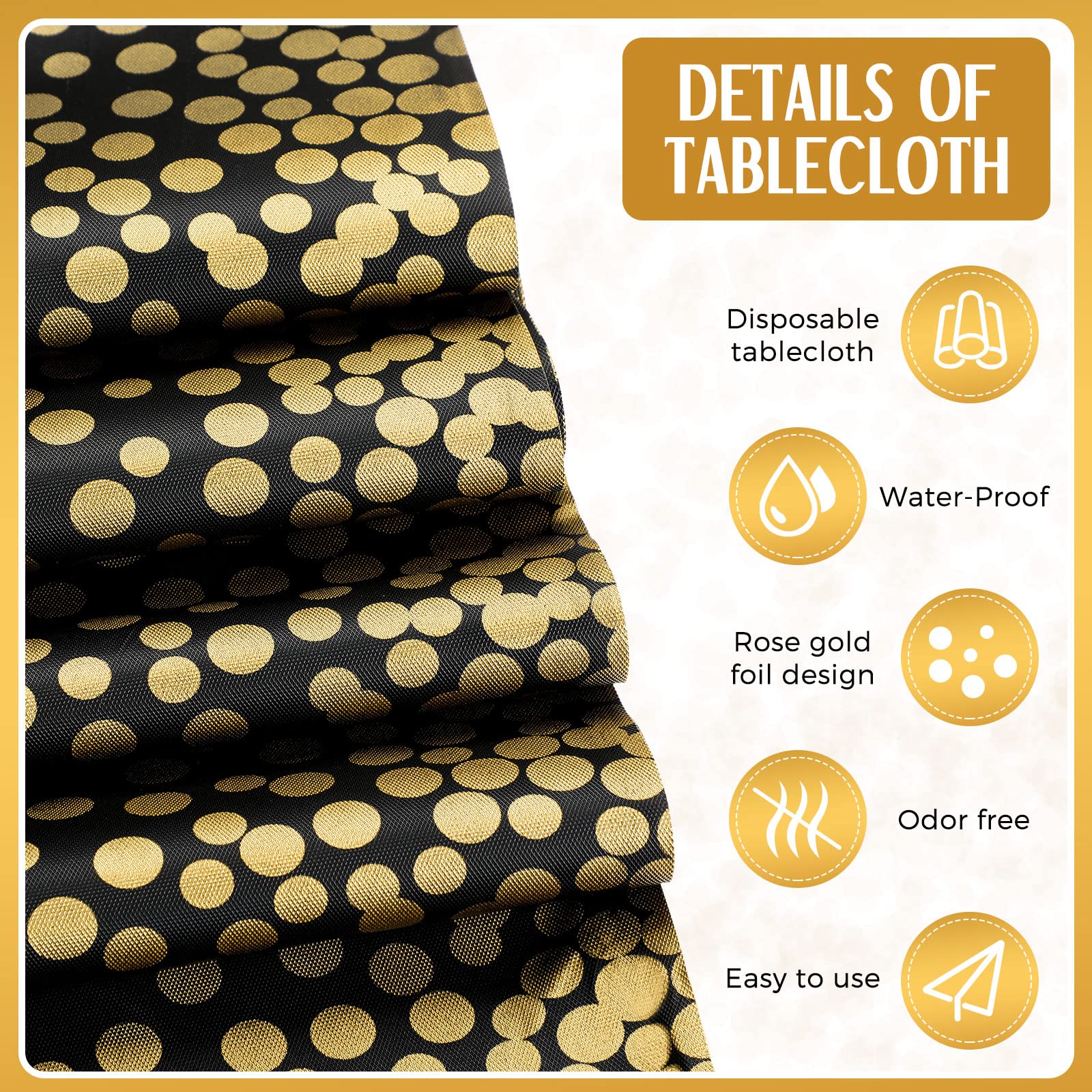 Disposable black water proof table cloth with gold dots