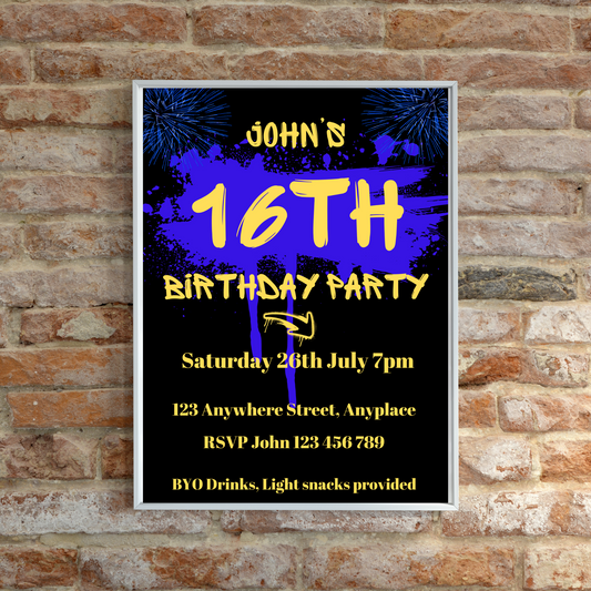 Birthday Party Invitation Personalised -16th Listing Photo