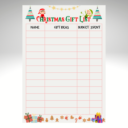 Christmas Gift List Downloadable-Gift Register A4 Christmas Gift List   