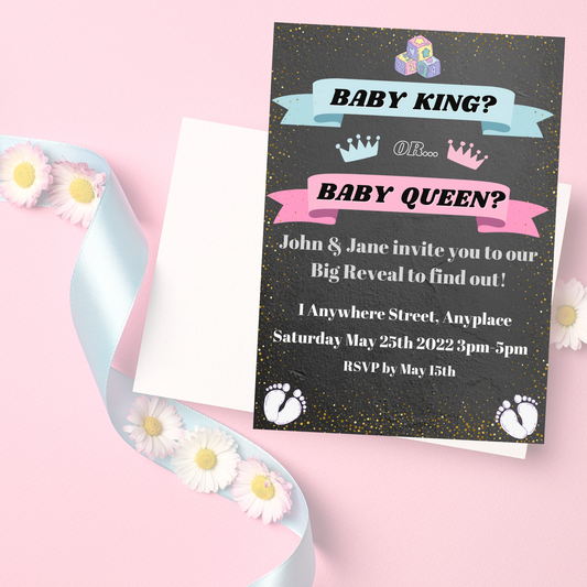 Gender Reveal Invitation Customisable - Baby King or Baby Queen? Listing Photo