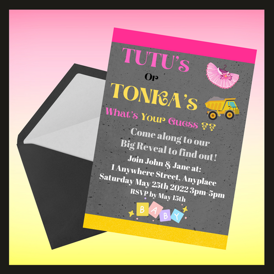 Gender Reveal Invitation Customisable - Tutu's or Tonka's?