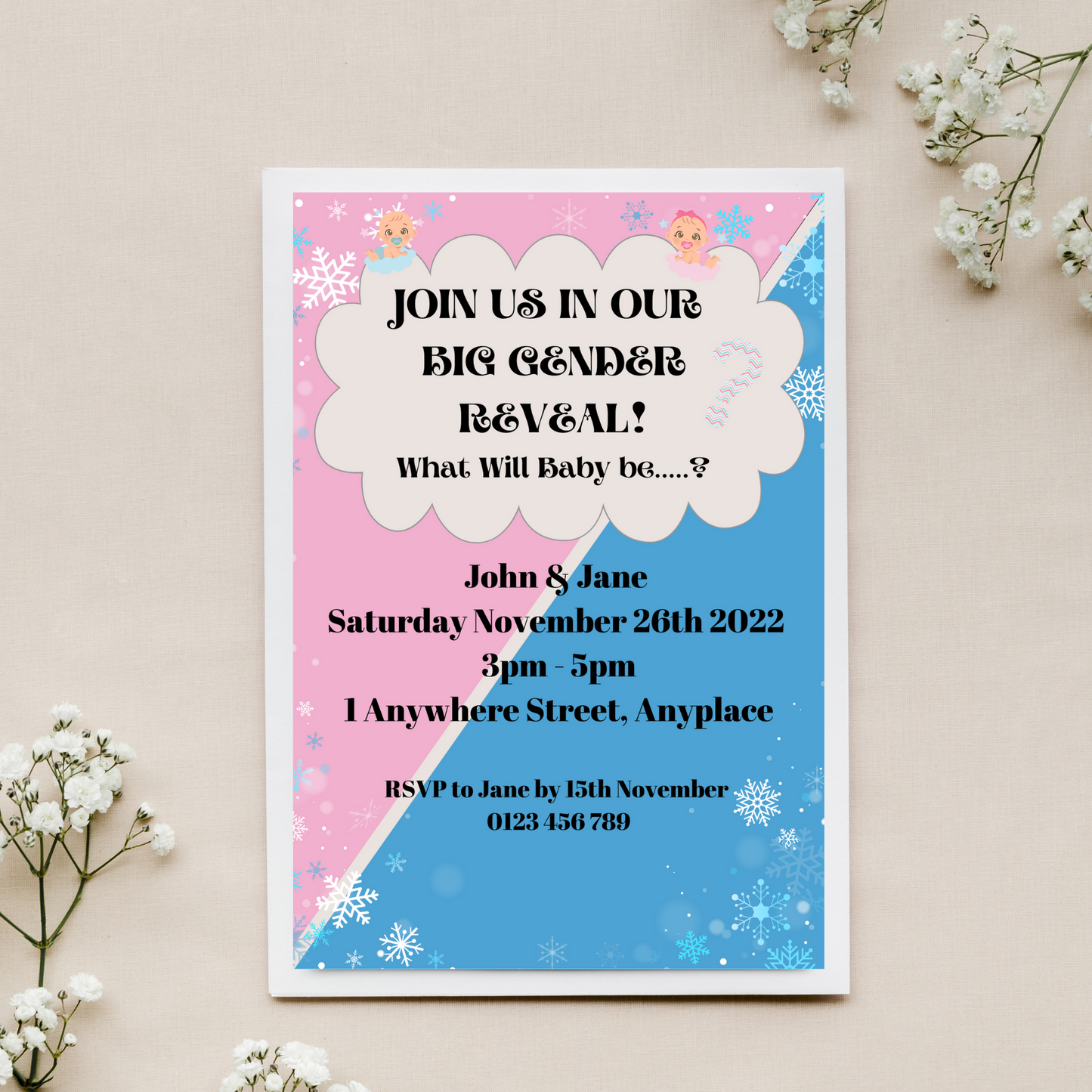 Gender Reveal Invitation Customisable - What Will Baby Be?