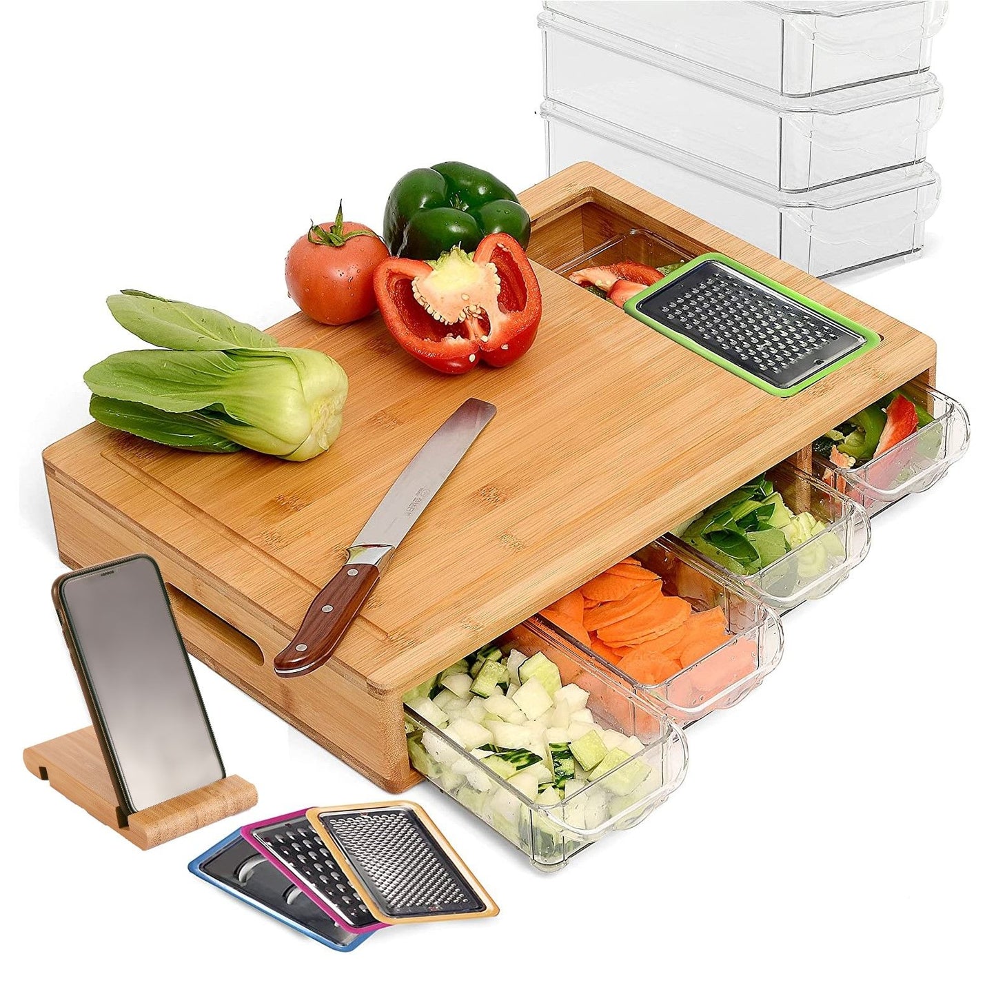 Large Bamboo Cutting Board with 4 Containers