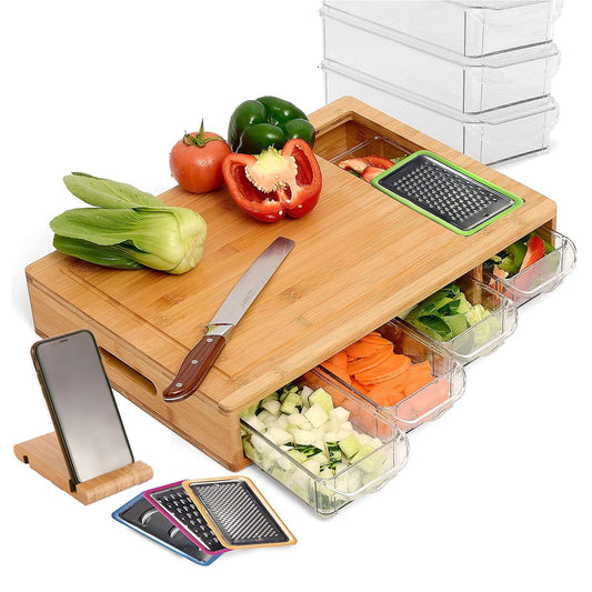 Large Bamboo Cutting Board with 4 Containers and bonus mobile phone holder