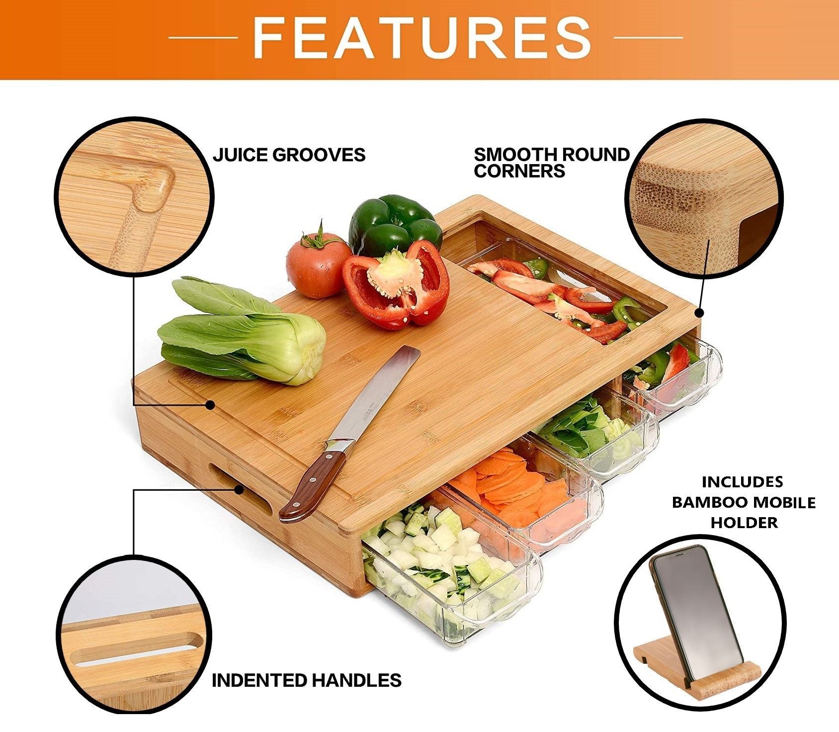 Large Bamboo Cutting Board with 4 Containers