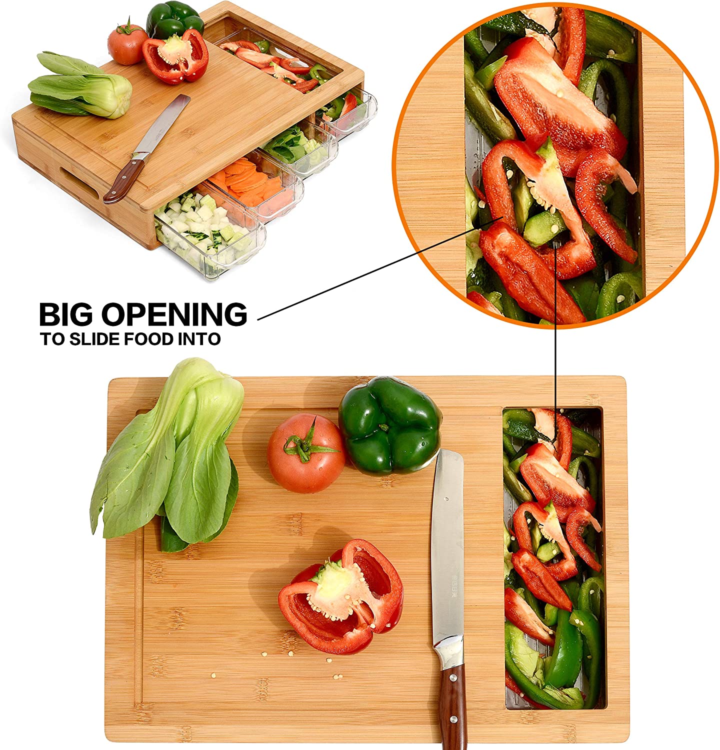 COMELLOW Bamboo Cutting Board with Containers, Lids, and Graters, Large  Wood Cutting Board with Containers, Food Dropping Zone, Carving Board with