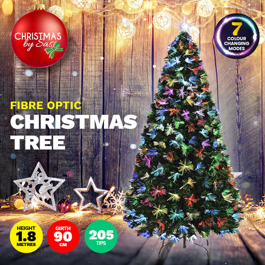 Christmas By Sas 1.8m Fibre Optic Christmas Tree 205 Tips Multicolour Lights & Star Occasions > Christmas   