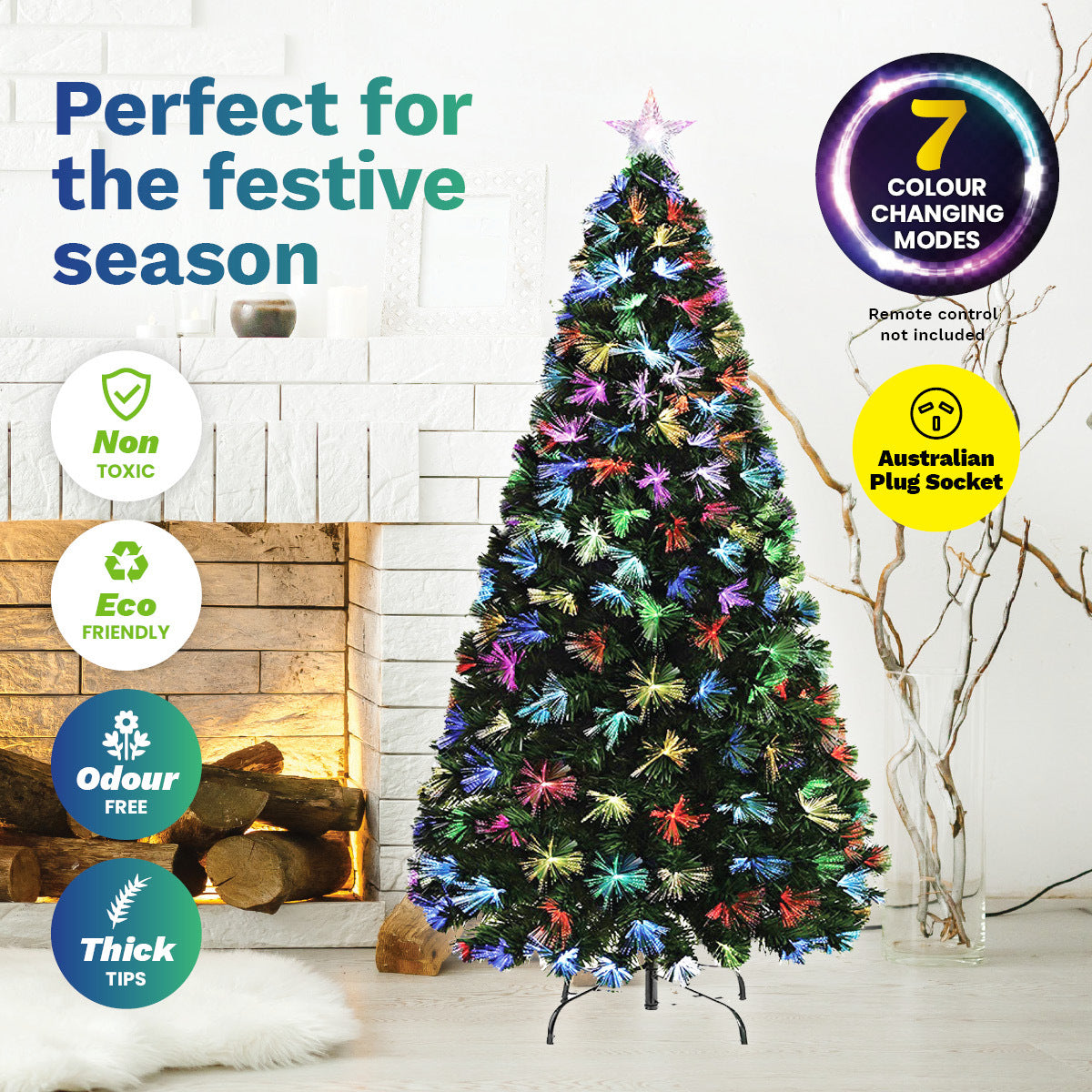 Christmas By Sas 1.8m Fibre Optic Christmas Tree 205 Tips Multicolour Lights & Star Occasions > Christmas   