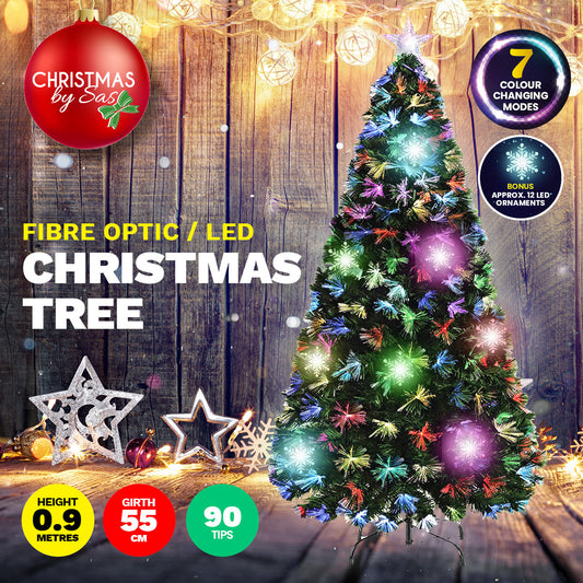 Christmas By Sas 90cm Fibre Optic/LED Christmas Tree 90 Tips Multicolour Star & Ornaments Occasions > Christmas   