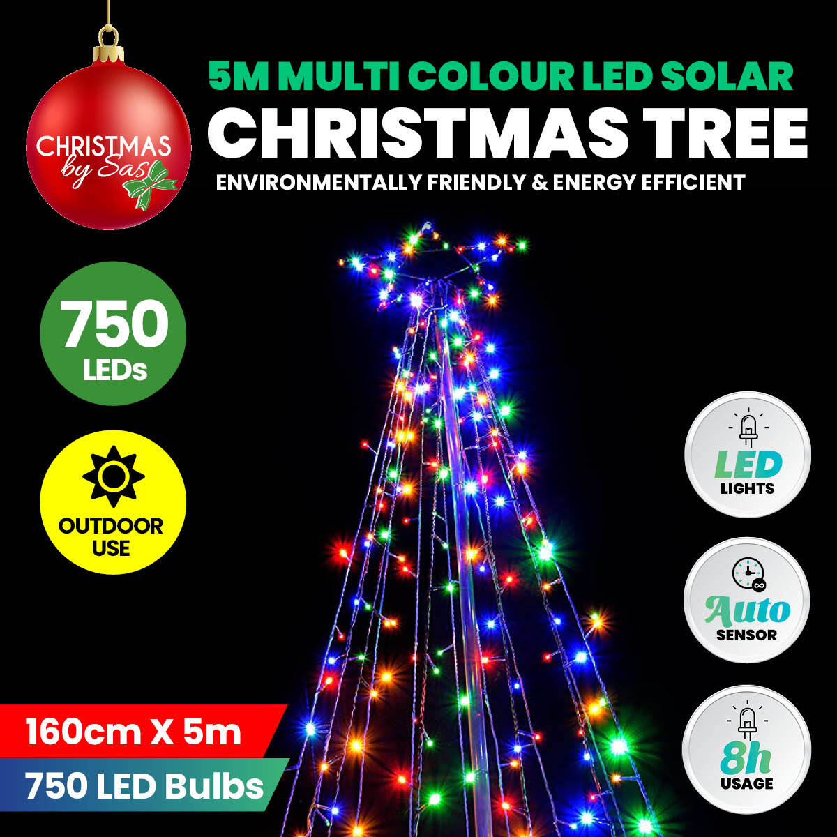 Christmas By Sas 5m Tree Shaped LED Multicoloured Solar Lights & Metal Frame Occasions > Christmas   