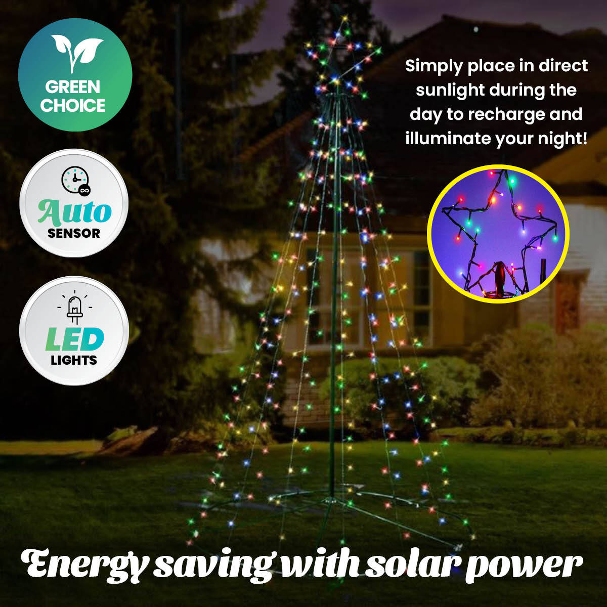 Christmas By Sas 3m Tree Shaped LED Multicoloured Solar Lights & Metal Frame Occasions > Christmas   