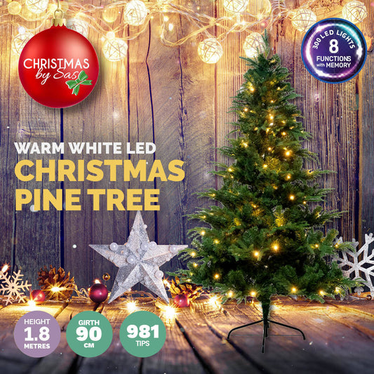 Christmas By Sas 1.8m Pine Tree 300 Warm White LED Lights With 8 Functions Occasions > Christmas   