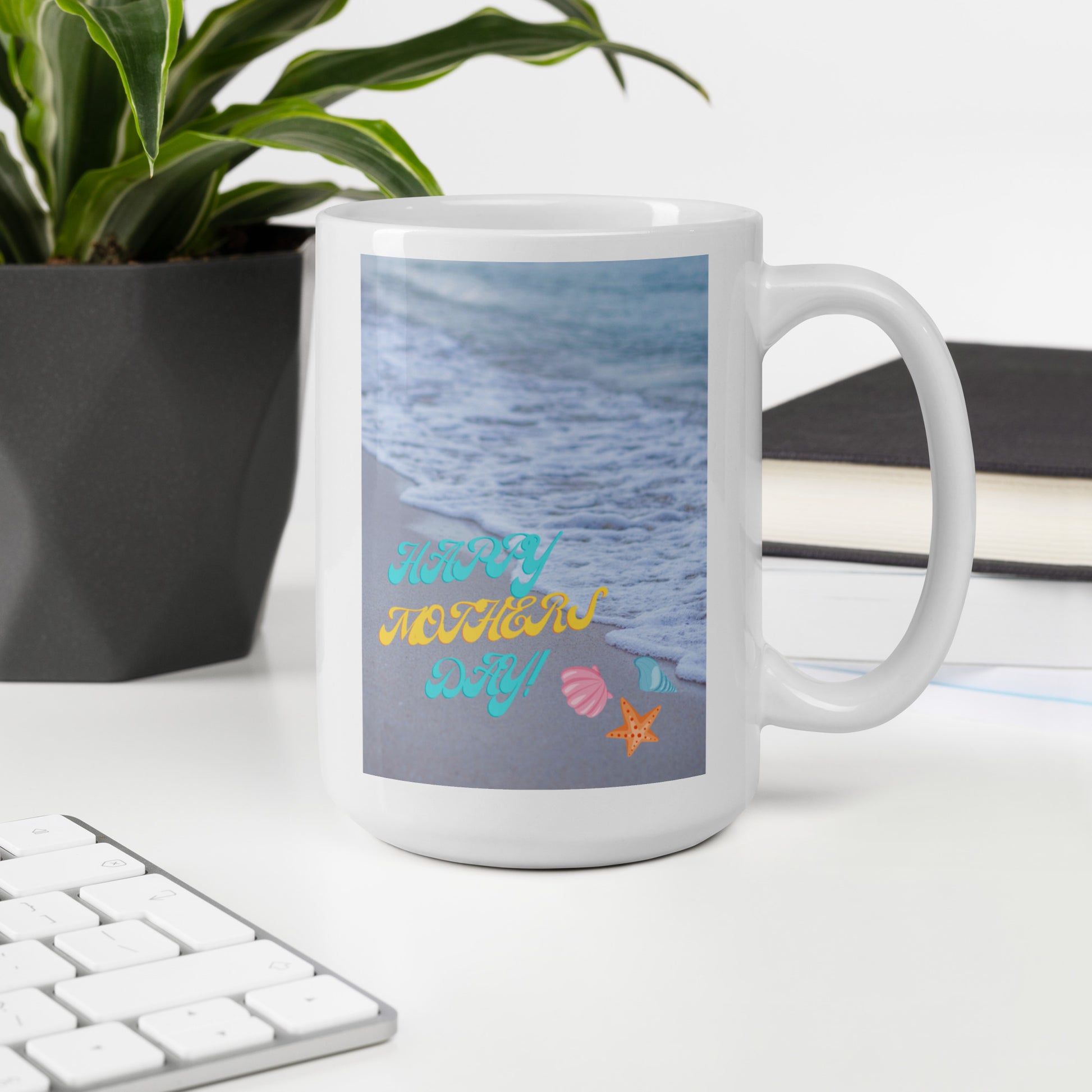 White Glossy Mug - Happy Mothers Day Beach 15oz