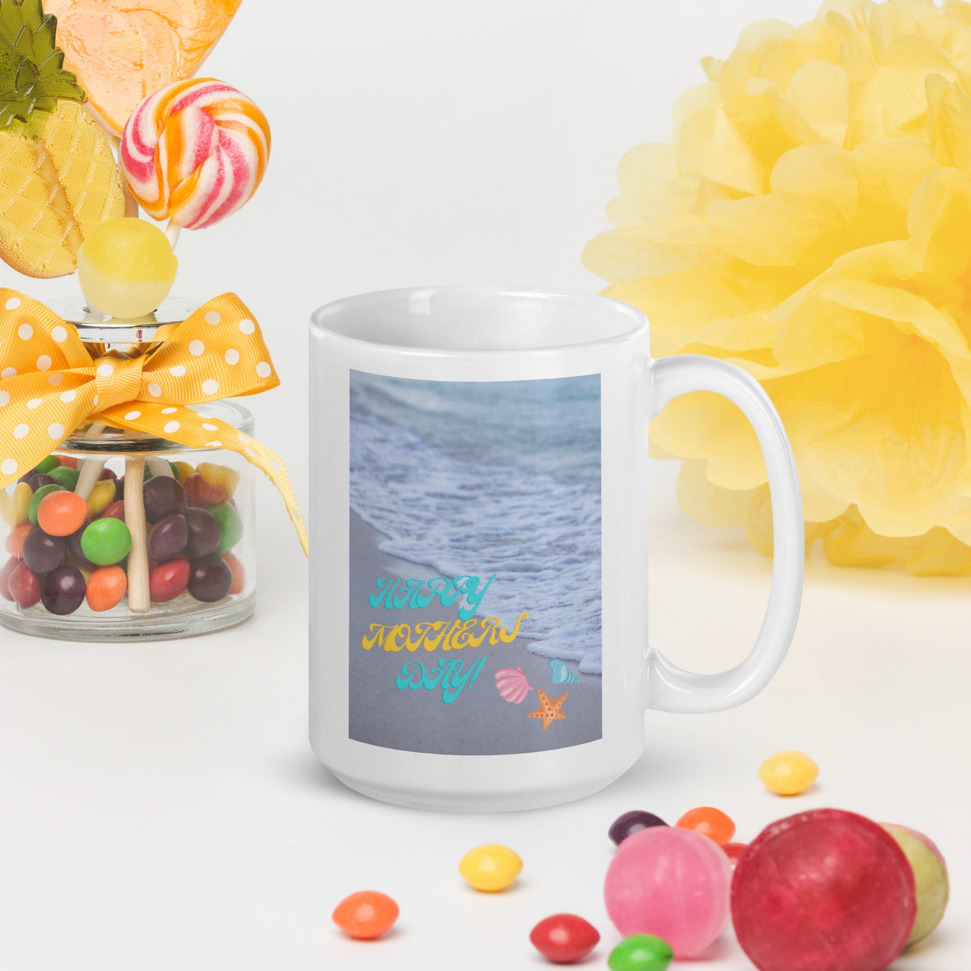 White Glossy Mug - Happy Mothers Day Beach 15oz