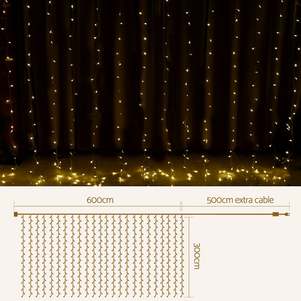 Jingle Jollys 6X3M Christmas Curtain Lights 600LED Warm White Occasions > Lights   