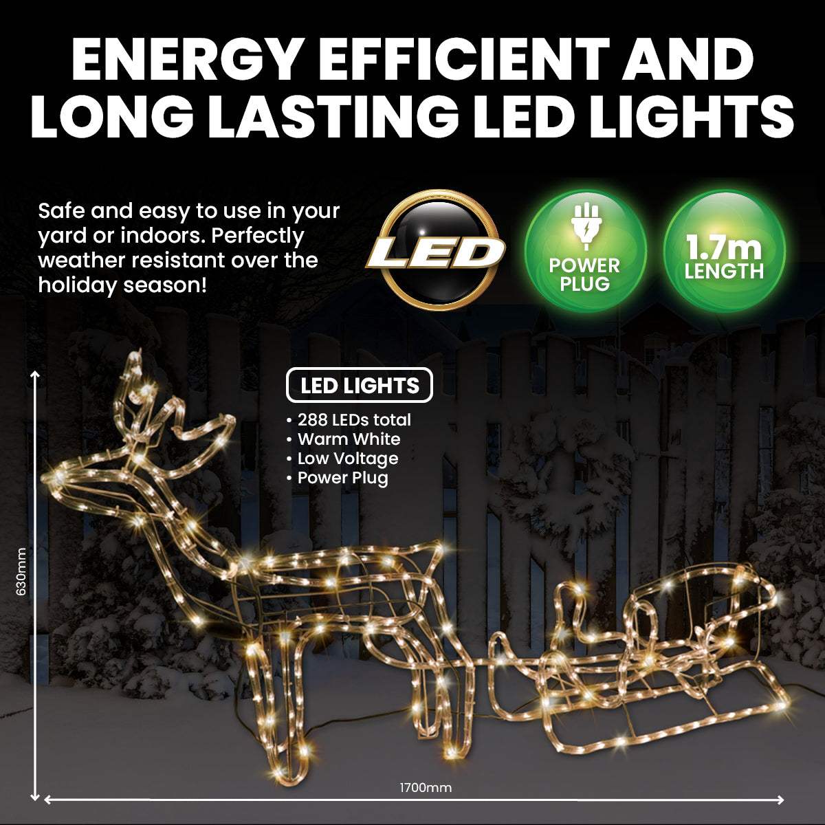 SAS Electrical 1.7m 3D Reindeer & Sleigh Display Warm White Rope Lights