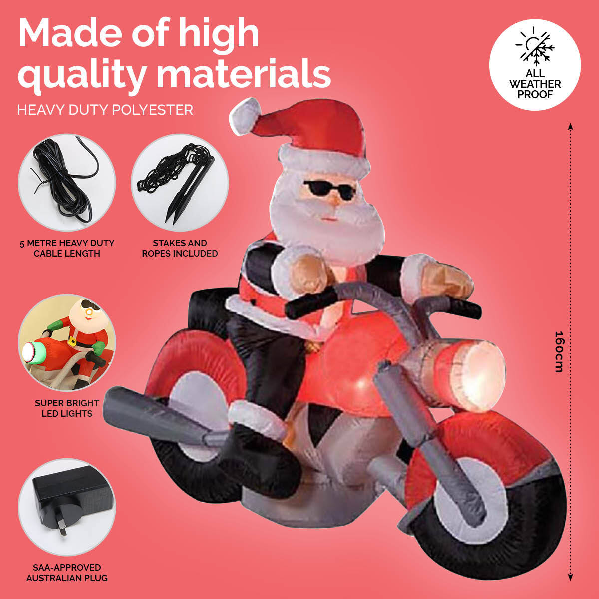 Christmas By Sas 1.6m Santa & Motorbike Built-In Blower Bright LED Lighting