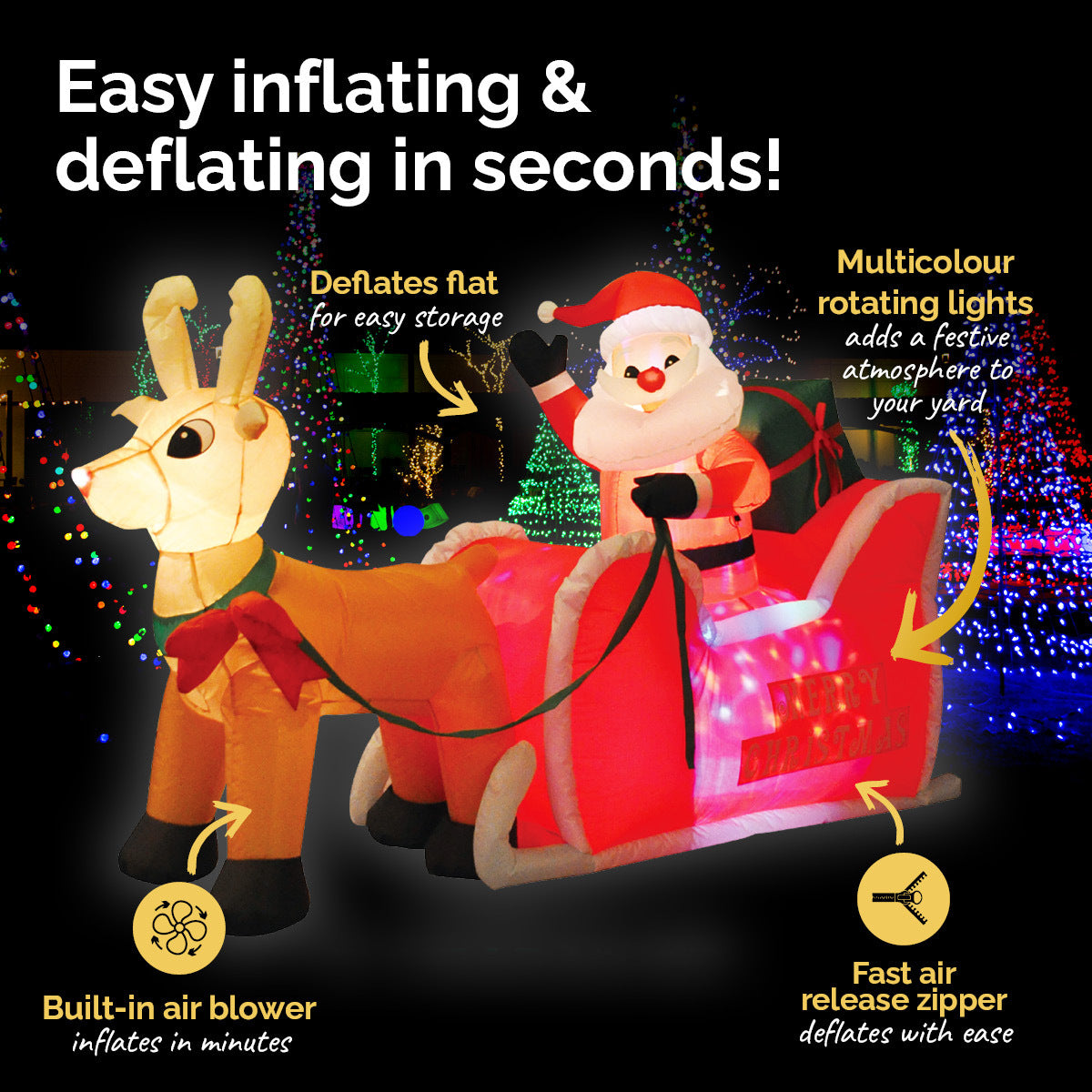 Christmas By Sas 1.2m LED Self Inflatable Santa Sleigh & Rudolph